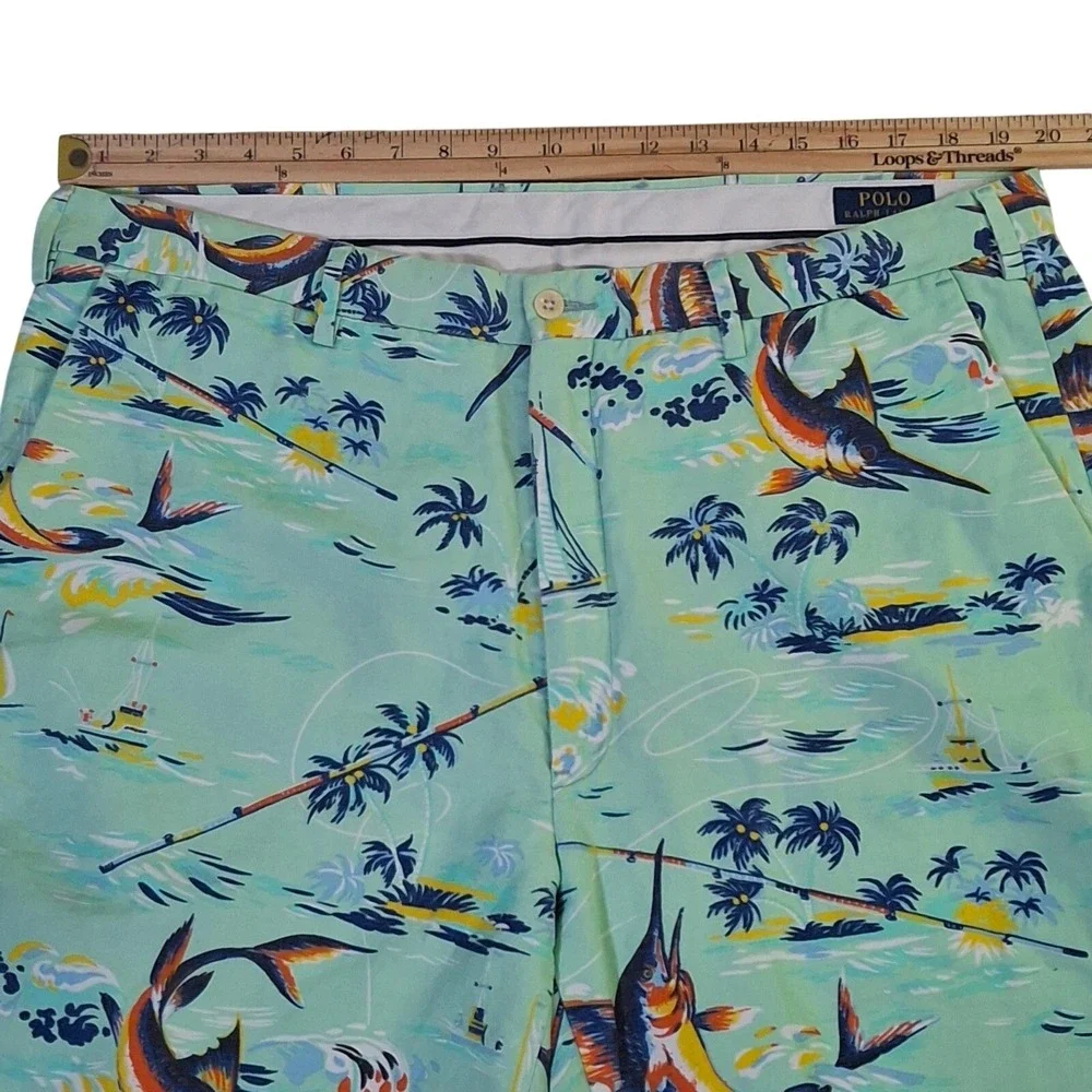 Polo Ralph Lauren Classic Fit Shorts Mens 40 Linen Blend Fishing Tropical Green